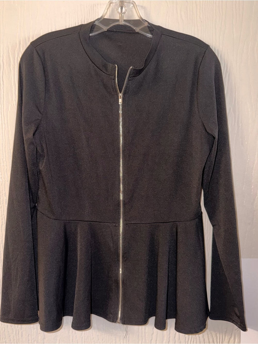 Black Zip-Front Peplum Jacket Blouse